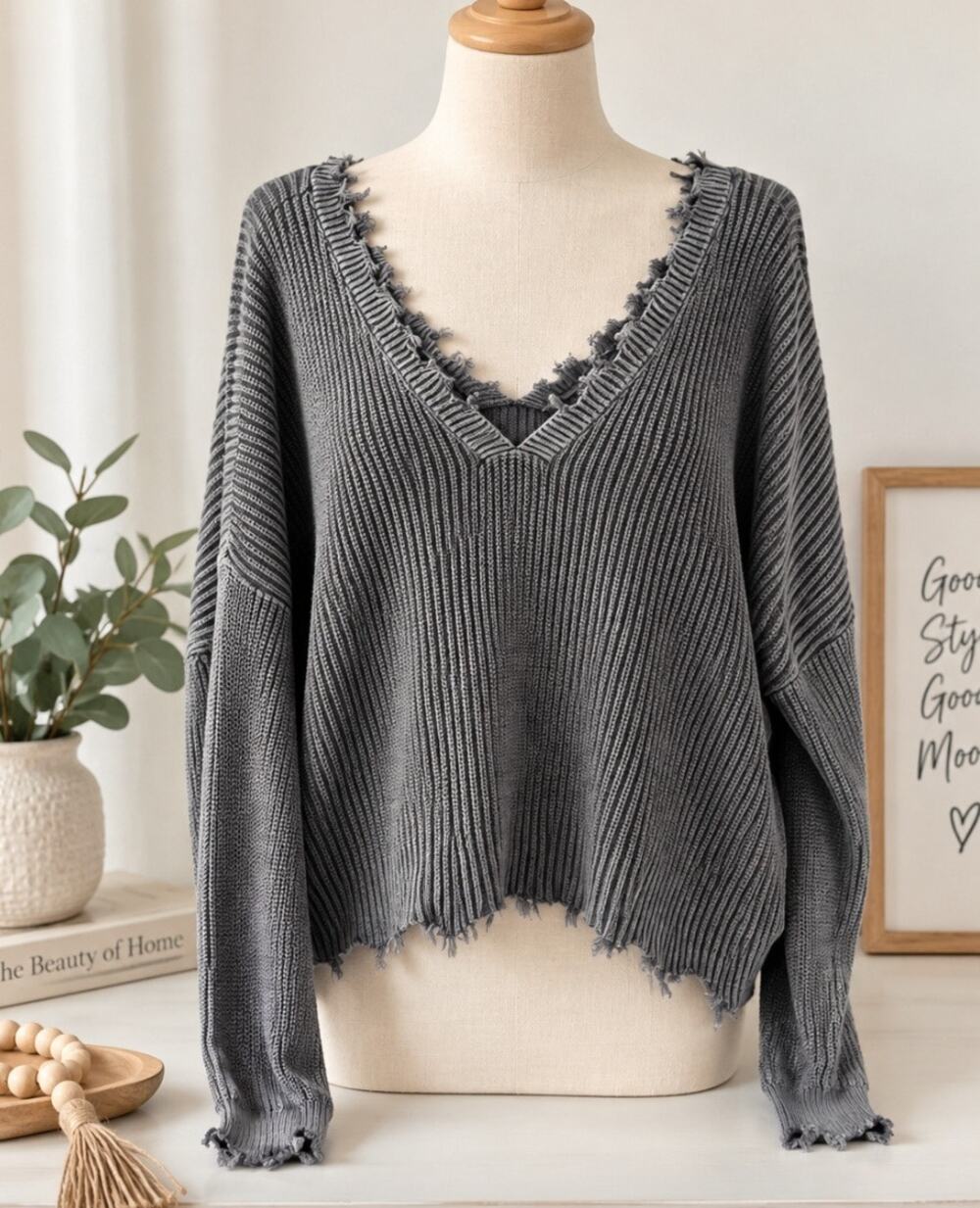 Fate Gray Raw Hem Oversized V Neck Sweater M
